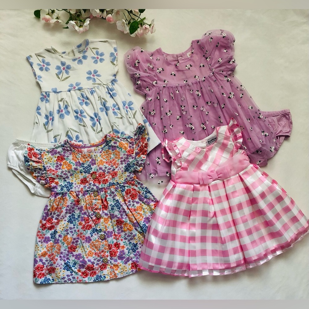 🎀 Set of 4 Gorgeous Toddler Baby Girls Dresses, 18 Months, Spring Summer.